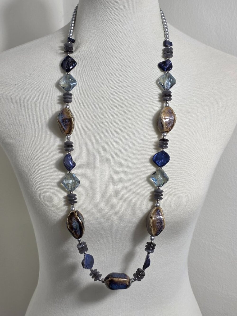 Eclectic Artisan-Style Chunky Glass Bead Necklace Multi-Tonal Blue & Brown
